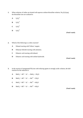 A level Chemistry Redox Question Bank