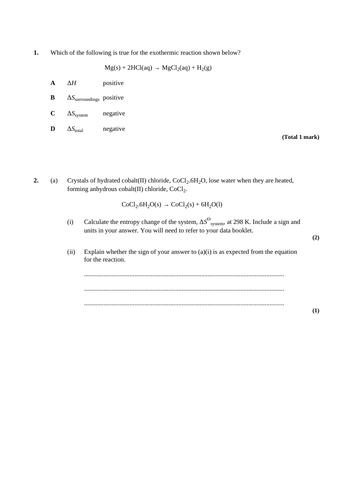 A level Entropy, Gibbs free energy, Kp and partial pressures, Rate equations Question Bank