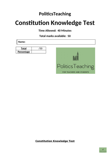 UK Constitution 50 Mark Knowledge Test (With Answers) 2019 - Editable