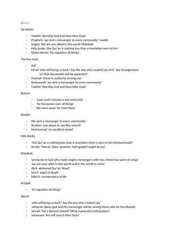 GCSE religous studies Islam consise revision document