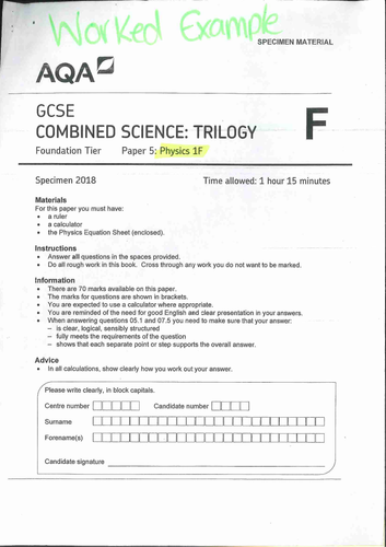 AQA Combined Science P1F Specimen paper worked example