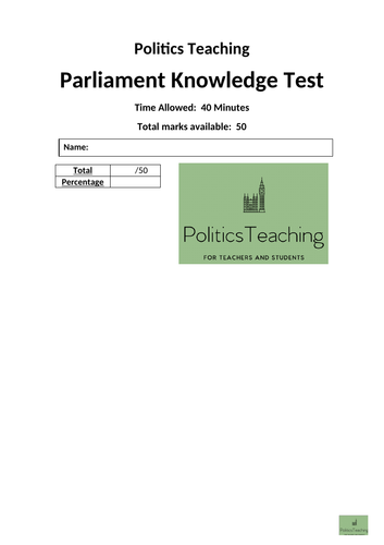UK Parliament 50 Mark Knowledge Test (with answers) 2019 - Editable