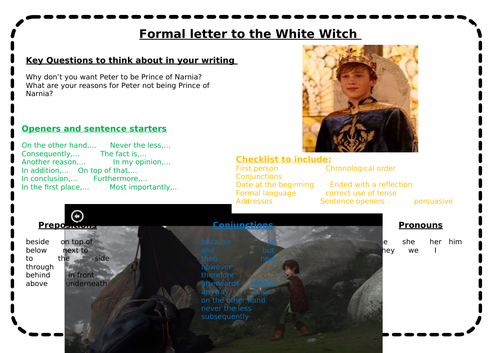 Formal letter - Narnia - Why Peter should not be the  Prince  to the White Witch. KS2