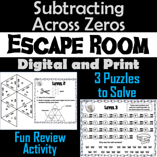 Three Digit Subtraction Across Zeros Game: Math Escape Room