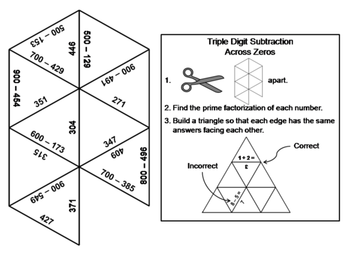 Three Digit Subtraction Across Zeros Game: Math Tarsia Puzzle