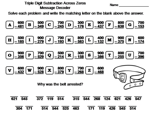 Three Digit Subtraction Across Zeros Game: Math Message Decoder