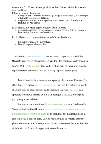 French - A level - La Haine (essay - les banlieues) | Teaching Resources