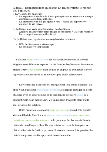 French - A level - La Haine (essay - les banlieues)