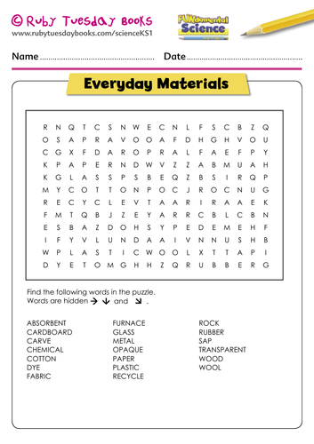 Everyday Materials Word search