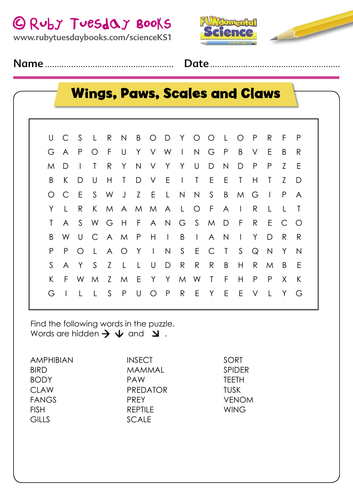 Wings, paws, scales and claws word search