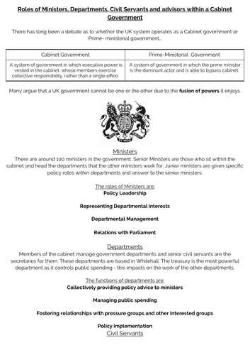 UK - Ministers, departments and civil servants information sheet - with activity.