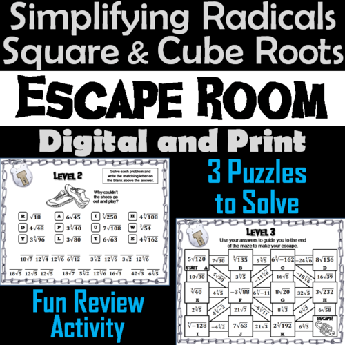 Simplifying Radicals Activity: Square and Cube Roots: Math Escape Room Algebra