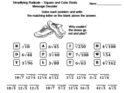 Simplifying Radicals: Square and Cube Roots Activity: Math Message Decoder