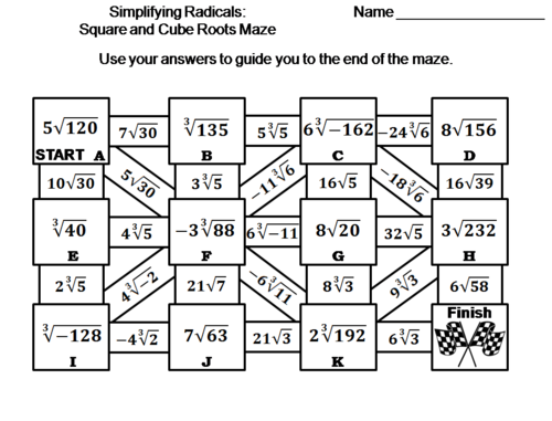 Simplifying Radicals: Square and Cube Roots Activity: Math Maze