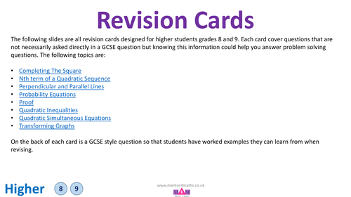 Revision Cards Grades 8 and 9 with answers