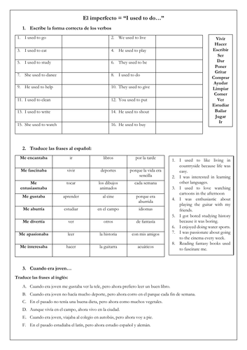 Spanish Gcse Imperfect Tense Practice And Translation Teaching Resources 8088