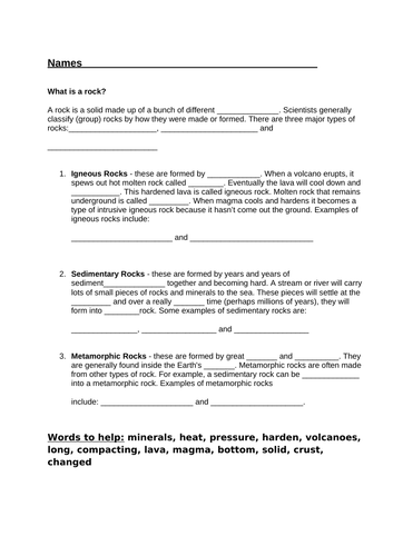 Types of rock info with missing words to put in