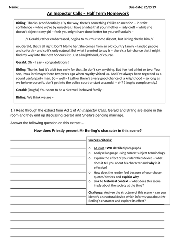 An Inspector Calls - Homework sheets