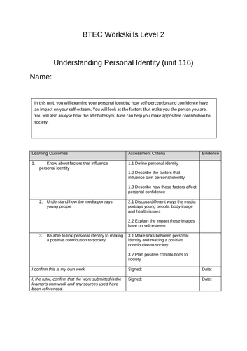 Personal Identity BTEC Workskills Level 2