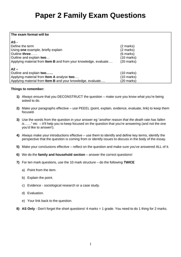 AQA A level paper 2 families & households question pack