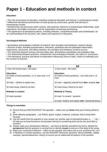 AQA A level Sociology paper 1 Education and Methods in context exam question pack