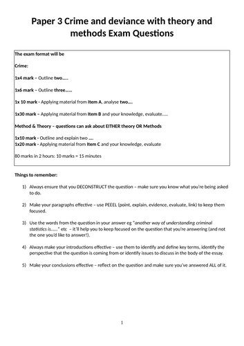 AQAA level paper 3 crime and Methods & theory question pack