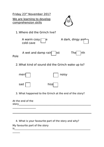 The Grinch key comprehension Year 1