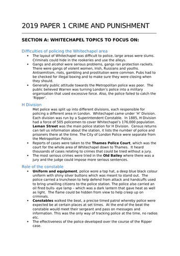 Edexcel Paper 1 Whitechapel,  Crime &  Punishment 2019 Revision , practice questions & model answers