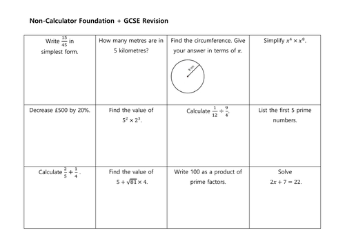 Gcse Non Calculator Revision Mats Higher And Foundation Teaching Resources