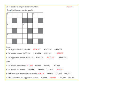 Ordering and comparing / place value number problem solving crossword