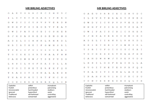 Mr Birling Wordsearch 18 Adjectives An Inspector Calls By 