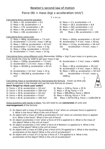 Newton's second law F=ma differentiated worksheet | Teaching Resources