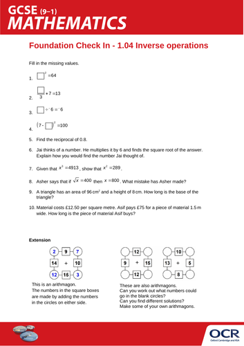 OCR Maths: Foundation GCSE - Check In Test 1.04 Inverse operations