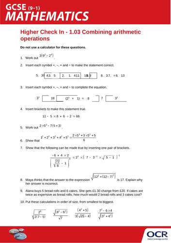 OCR Maths: Higher GCSE - Check In Test 1.03 Combining arithmetic operations