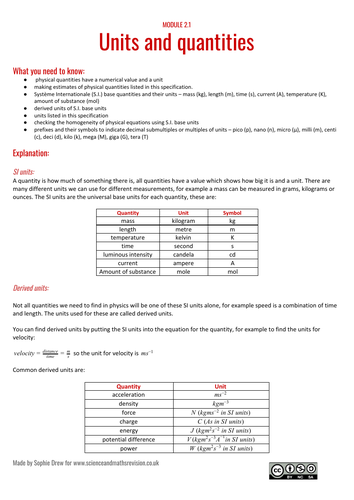 Units and Quantities revision sheet for A Level physics