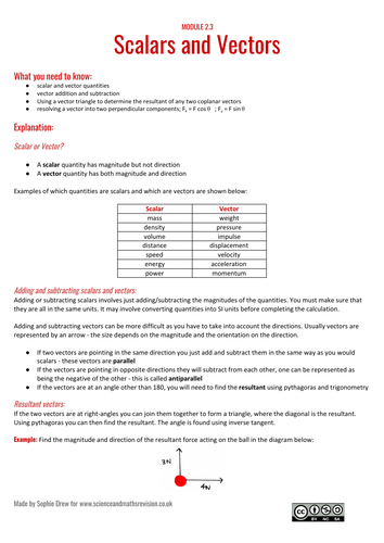 Scalars and Vectors sheet for A Level