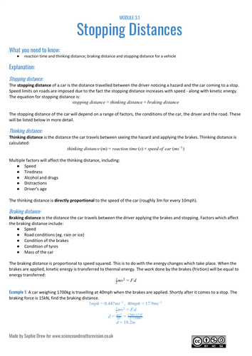 Stopping distances sheet for A Level physics