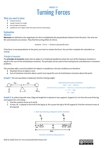 Turning forces sheet for A Level physics