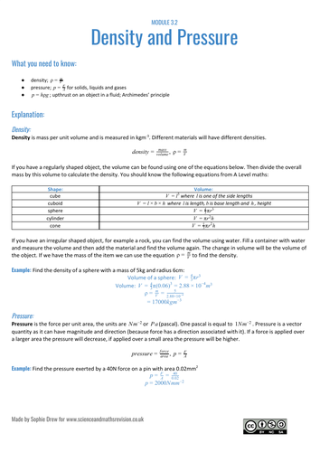 Density and Pressure sheet for A Level physics