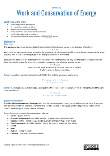 Work and Energy resource for A Level physics