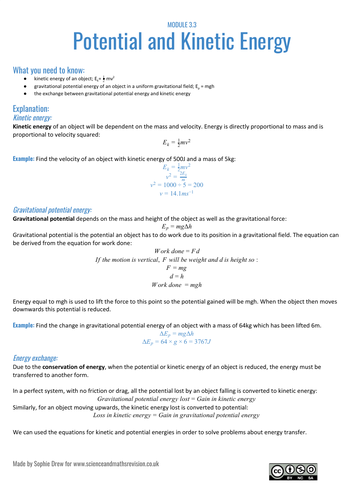 Potential and Kinetic energy sheet for A Level physics