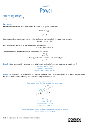 Sheet on power for A Level physics