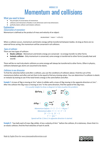 Momentum and collisions sheet for A Level Physics