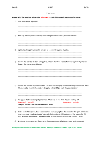 PE worksheet for student without PE kit.