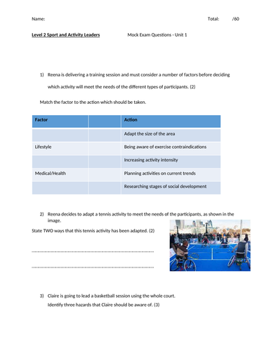 Sport and Activity Leaders Unit 1 Mock Paper