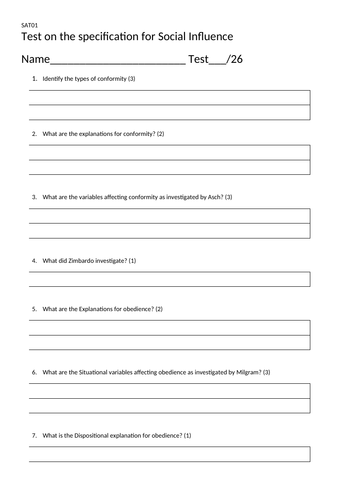 Short Answer Tests on Spec. Social Influence, Memory, Attachment & Psychopathology (AQA Psychology)