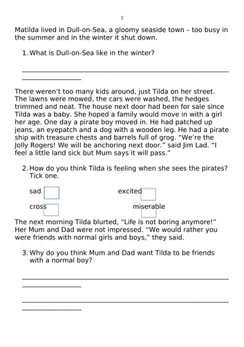 Pirates Next Door reading comprehension