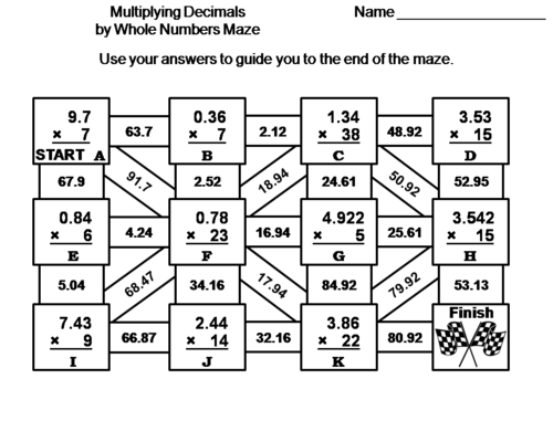 Multiplying Decimals by Whole Numbers Activity: Math Maze