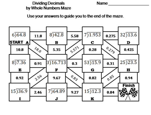 Dividing Decimals By Whole Numbers Activity: Math Maze | Teaching Resources