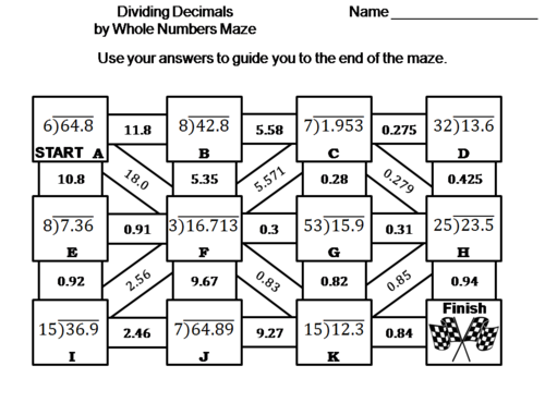 Dividing Decimals by Whole Numbers Activity: Math Maze